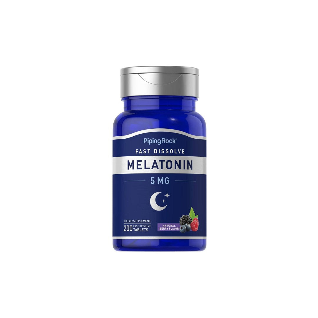 Un frasco de PipingRock Melatonina 5 mg 200 Comprimidos de disolución rápida sabor bayas.