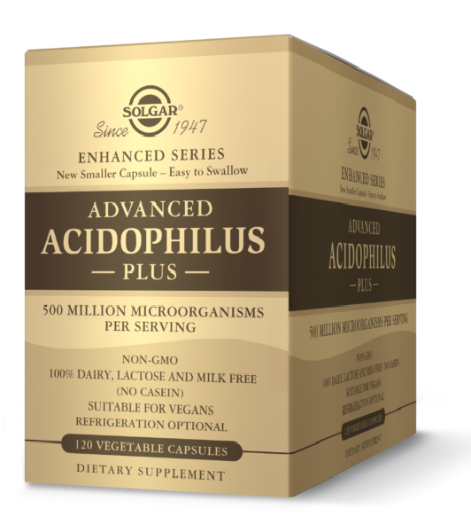 Una caja de Solgar Advanced Acidophilus Plus 120 cápsulas vegetales.