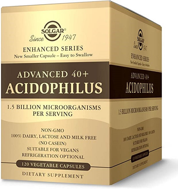 Una caja de Solgar Advanced 40+ Acidophilus 120 Cápsulas Vegetales.
