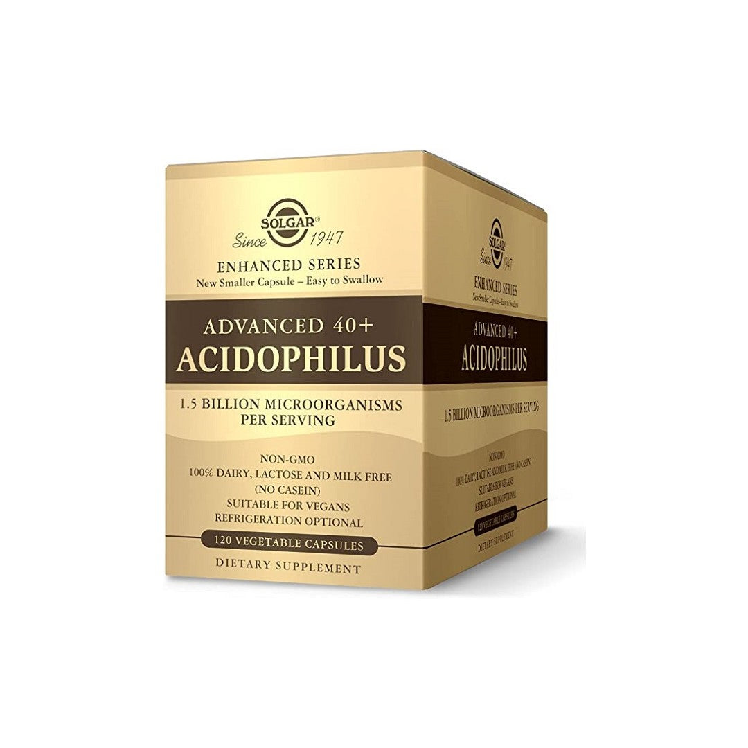 Una caja de Solgar Advanced 40+ Acidophilus 120 Cápsulas Vegetales.
