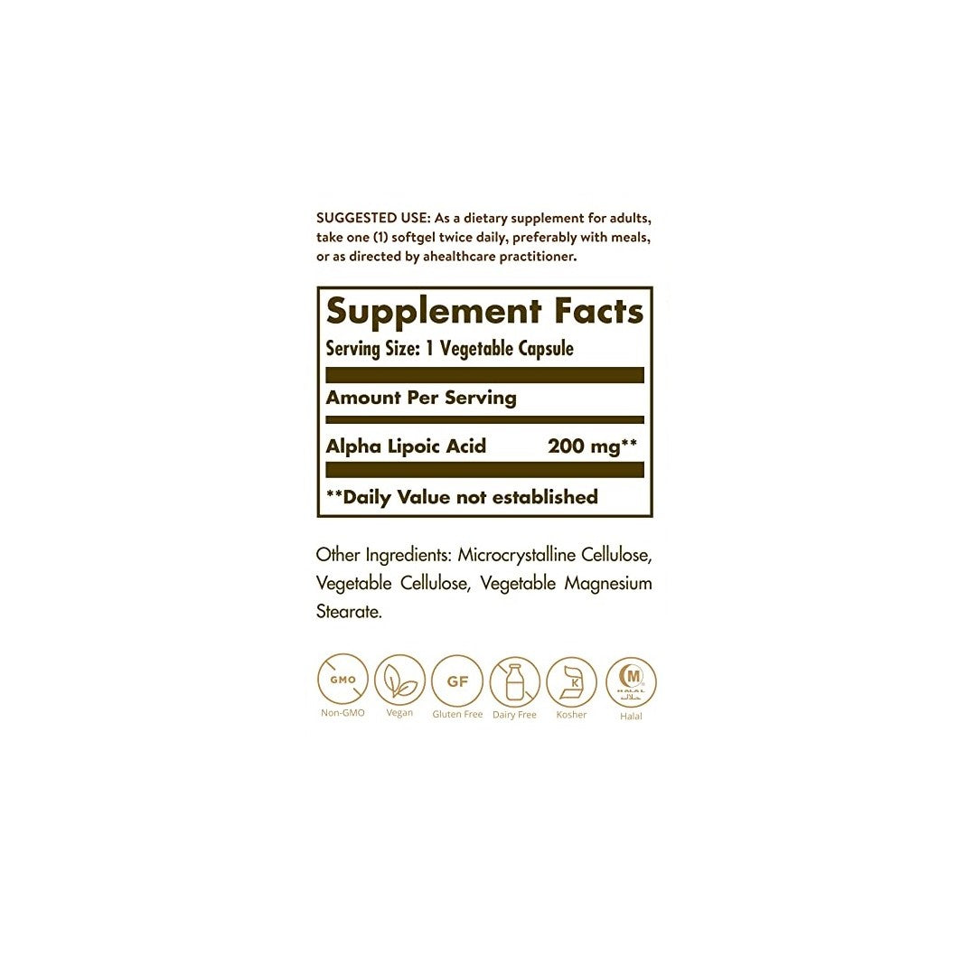 Una etiqueta que muestra los ingredientes de Solgar Ácido Alfa Lipoico 200 mg 50 Cápsulas Vegetales suplemento.