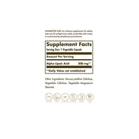 Miniatura de una etiqueta que muestra los ingredientes del suplemento Solgar Ácido Alfa Lipoico 200 mg 50 Cápsulas Vegetales.
