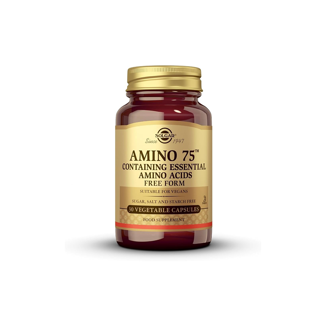 A bottle of Solgar AMINO 75 containing 30 vegetable capsules filled with essential amino acids, ideal for vegans looking to support muscle regeneration.