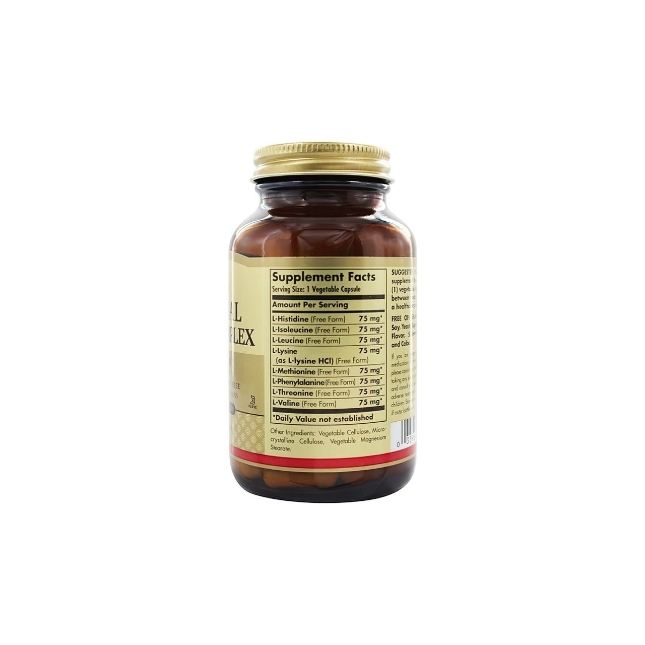 Un frasco de Solgar Essential Amino Complex 60 cápsulas vegetales sobre fondo blanco.