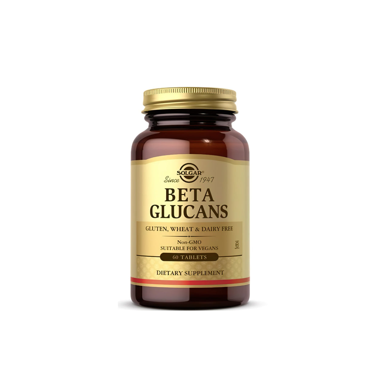 Un suplemento dietético: Solgar Beta Glucanos 60 comprimidos sobre fondo blanco.