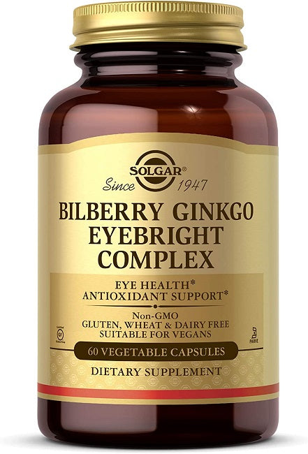 Un frasco de suplemento dietético que contiene 60 cápsulas vegetales de Bilberry Ginkgo Eyebright Complex Plus Lutein de Solgar.