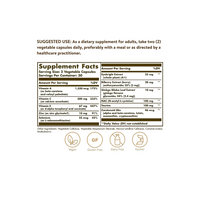 Miniatura de una etiqueta que muestra los ingredientes del suplemento dietético de Solgar, Bilberry Ginkgo Eyebright Complex Plus Lutein, en 60 cápsulas vegetales.