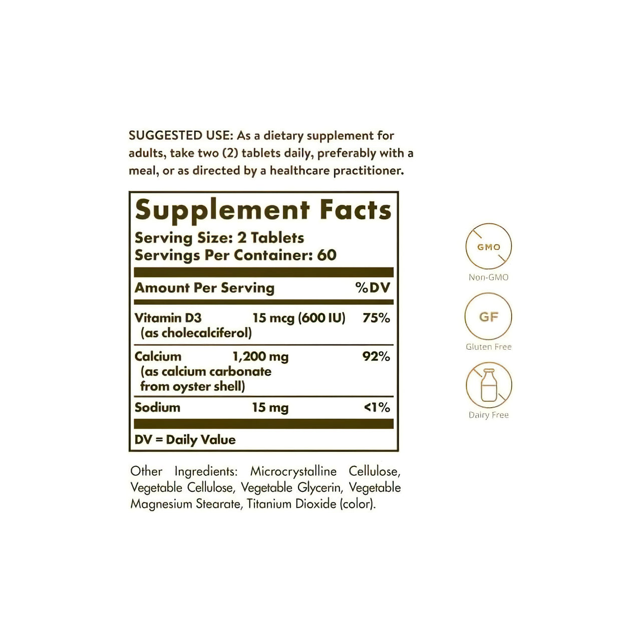 Etiqueta del suplemento Solgar Calcio "600" 120 comprimidos (de concha de ostra con vitamina D3) con la lista de ingredientes.