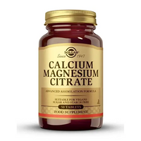 Thumbnail for A bottle of Solgar's Calcium Magnesium Citrate 50 Tablets, labeled as a food supplement suitable for vegans, contains key minerals to support healthy bones.