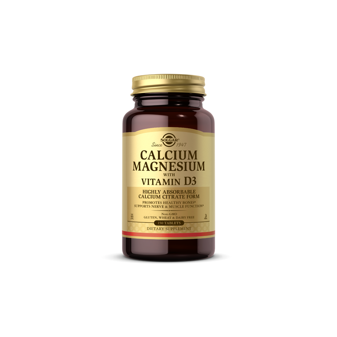 Solgar's Calcium Magnesium with Vitamin D3 150 Tablets, attractively packaged in a brown glass bottle with a gold cap, provides a dietary supplement solution that is free of gluten, wheat, and dairy.