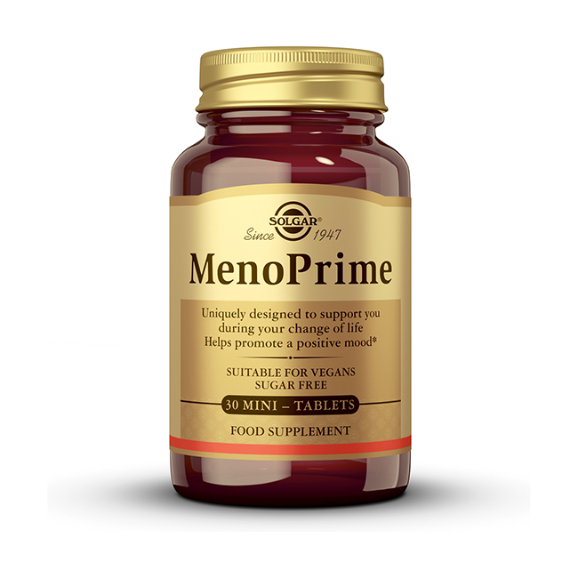 Solgar's Meno Prime 30 Tablets is a supplement featuring vegan, sugar-free mini-tablets, enhanced with saffron and rhubarb extracts, crafted to support mood balance during menopause.