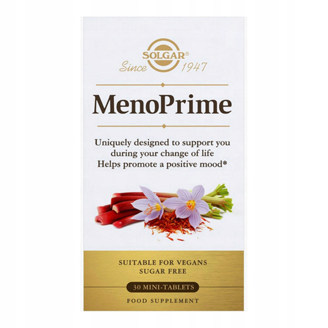 Packaging of Solgar's Meno Prime 30 Tablets, a vegan and sugar-free food supplement with 30 mini-tablets, designed to support mood during menopause. Enhanced with saffron and rhubarb extracts, it offers natural relief during life's changes.