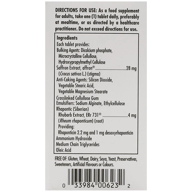 The supplement facts label for Solgar's Meno Prime 30 Tablets offers in-depth information on ingredients, such as saffron extract, and usage instructions, specifically designed to provide dietary support and relief during menopause.