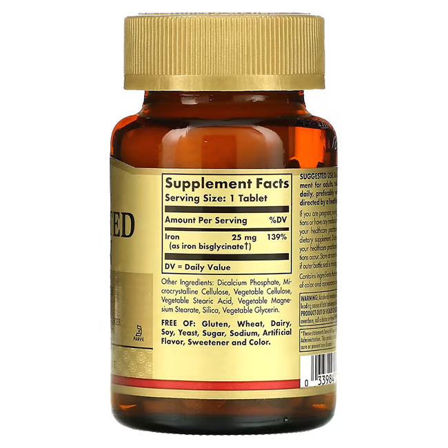 Solgar's Chelated Iron 25 mg 100 Tablets come in a brown bottle with a gold cap and feature nutritional information that emphasizes chelated iron, crucial for oxygen transport and energy production. The product also highlights the absence of ingredients such as gluten and dairy.