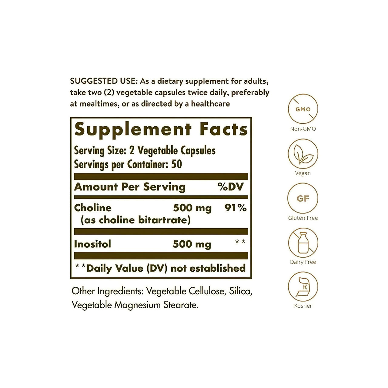 Etiqueta con los ingredientes del suplemento Solgar Colina 500 mg Inositol 500 mg 100 Cápsulas vegetales.