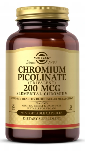 Un frasco marrón Solgar con una etiqueta dorada que contiene Picolinato de Cromo 200 mcg 90 cápsulas vegetales.