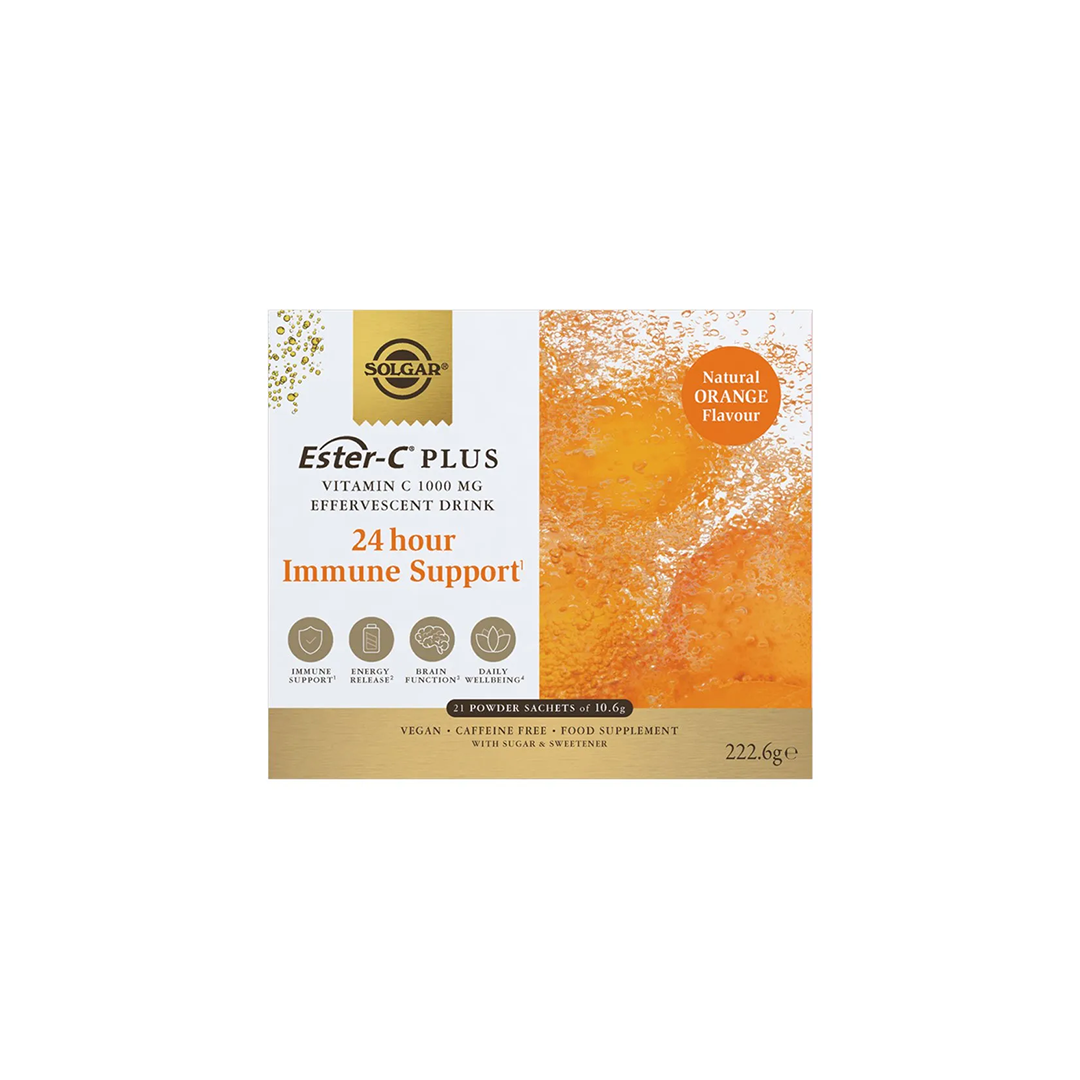 Solgar's Ester-C Plus Vitamin C offers 24-hour immune system support with its natural orange-flavored, vegan, and caffeine-free effervescent drink enriched with B vitamins. This convenient formula comes in a box containing 21 powder sachets of 10.6g each.