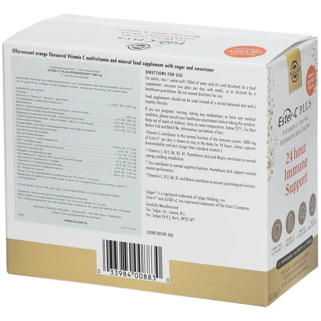 Box of Solgar Ester-C Plus Vitamin C powder sachets, each containing 10.6 g, featuring packaging details and nutritional information to support a healthy immune system.