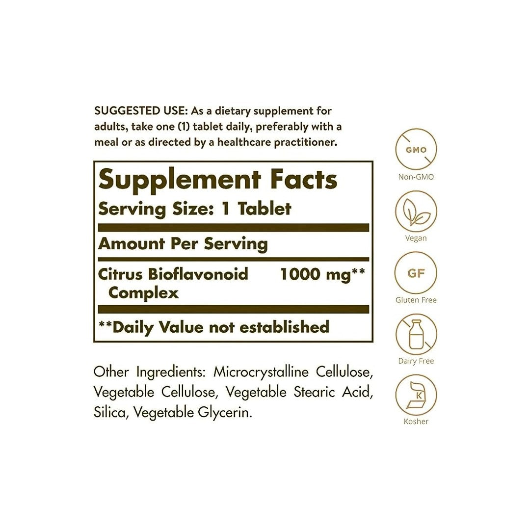 Etiqueta con los ingredientes del suplemento Complejo de Bioflavonoides Cítricos 1000 mg Comprimidos de Solgar.