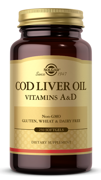 Una botella de Solgar Cod Liver Oil Sftgels Vitamin A & D 250 softgel y añadir.