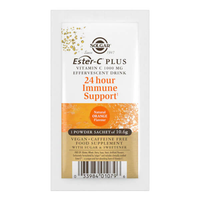 Thumbnail for Each 10.6g sachet of Solgar's Ester-C Plus Vitamin C provides 1000 mg of vitamin C for round-the-clock immune system support with a natural orange flavor. This vegan, caffeine-free supplement also includes B vitamins and contains both sugar and sweetener.