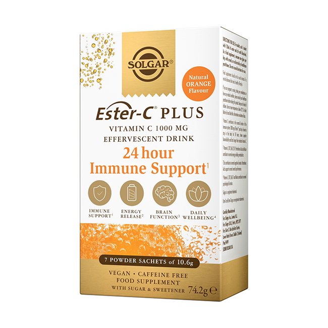 Box of Solgar Ester-C Plus, featuring Vitamin C 1000 mg effervescent powder sachets with B vitamins in natural orange flavor. These 7 sachets are designed to support immune system health, energy release, brain function, and overall daily wellbeing.