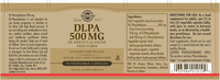 Thumbnail for Label of a Solgar DLPA 500 mg 50 Vegetable Capsules supplement bottle, highlighting the essential amino acid DL-phenylalanine for mood support. Provides information on ingredients, directions, and vegan suitability.