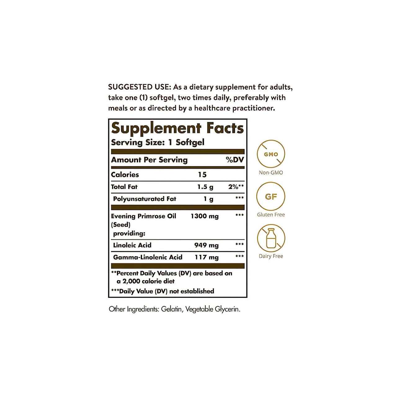 Etiqueta que muestra los ingredientes del suplemento Solgar's Aceite de Onagra 1300 mg 60 Cápsulas blandas.