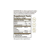 Miniatura de una etiqueta que muestra los ingredientes del suplemento Solgar Aceite de onagra 1300 mg 60 cápsulas blandas.
