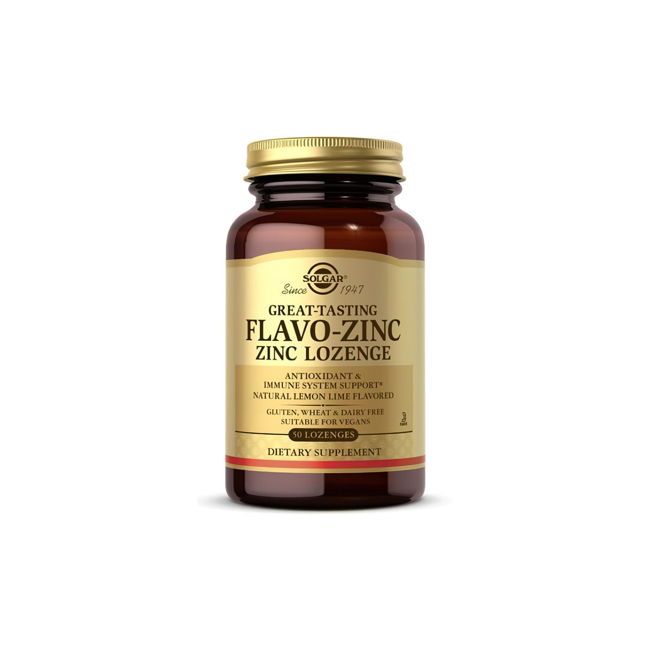 Un frasco de Solgar's Flavo-Zinc Zinc 23 mg 50 Pastillas sobre fondo blanco.
