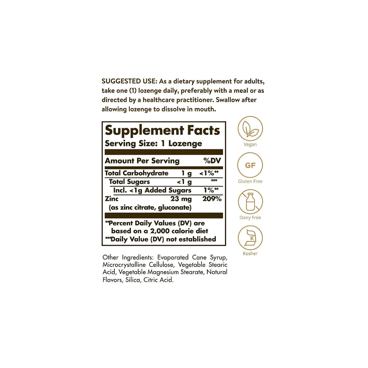 Etiqueta que muestra el contenido de un suplemento Solgar Flavo-Zinc Zinc 23 mg 50 Pastillas.