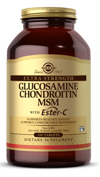 Un frasco de Solgar's Glucosamina, Condroitina, MSM con Ester-C 180 comprimidos.