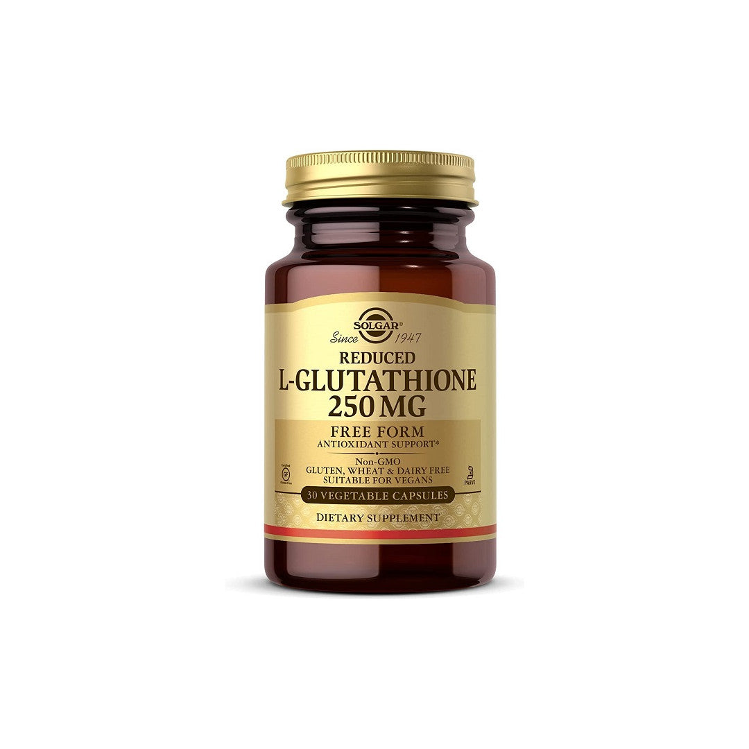 Un frasco de Solgar Cápsulas de L-Glutatión Reducido 250 mg, un suplemento antioxidante.