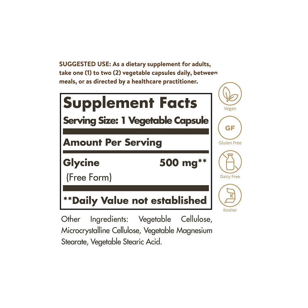 Etiqueta de Solgar's Glycine 500 mg 100 Cápsulas Vegetales, un suplemento que contiene ginkgo biloba.