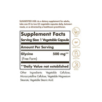 Miniatura de una etiqueta de Solgar's Glicina 500 mg 100 Cápsulas Vegetales, un suplemento que contiene ginkgo biloba.