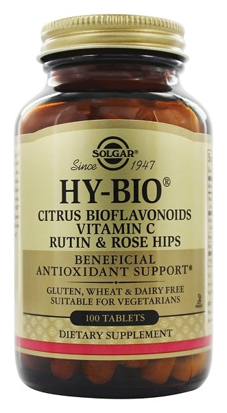 Un frasco de Solgar Hy-Bio 100 comprimidos (500 mg de vitamina C con 500 mg de bioflavonoides), rutina y caderas.