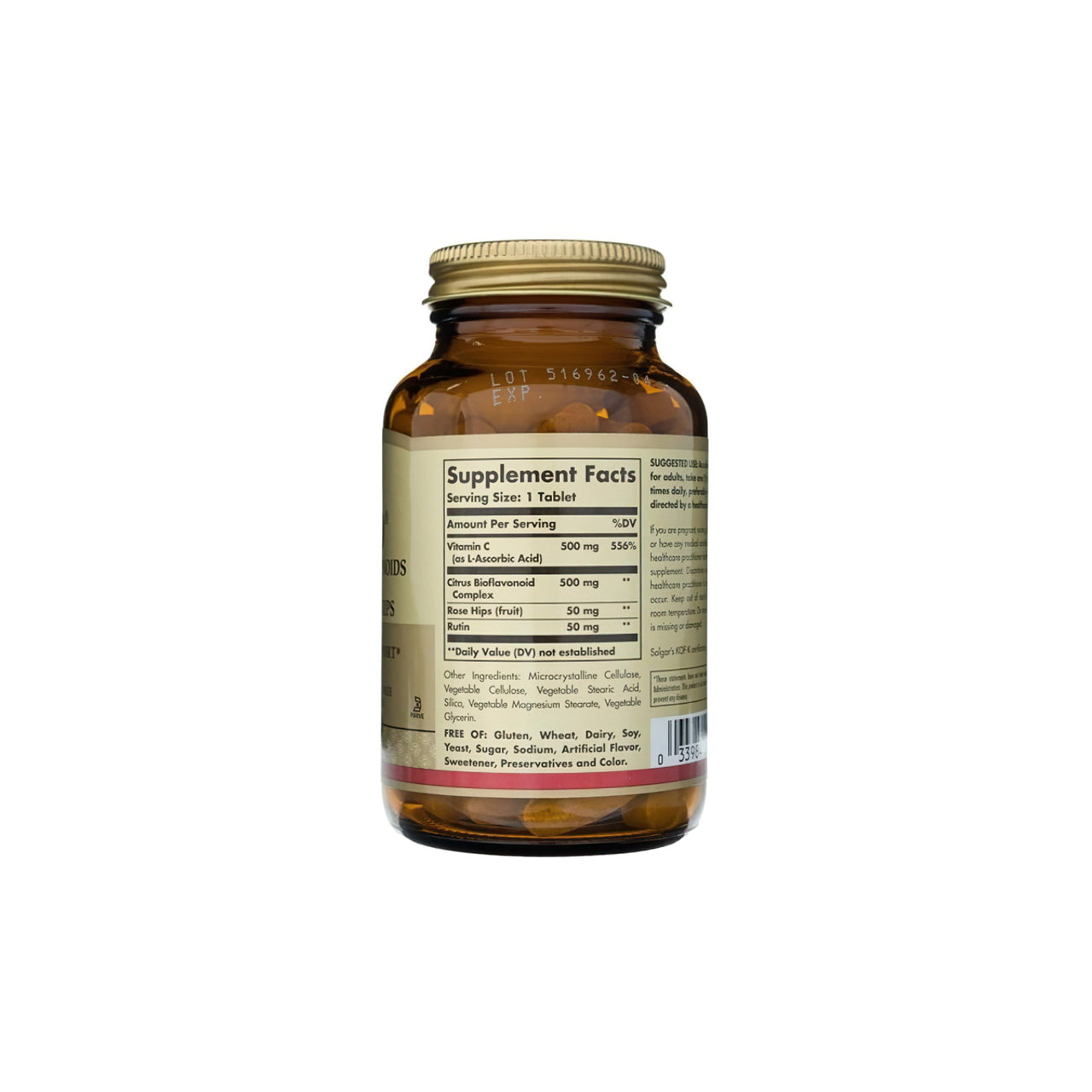 Un frasco de Solgar Hy-Bio 100 comprimidos (500 mg de vitamina C con 500 mg de bioflavonoides) sobre fondo blanco.