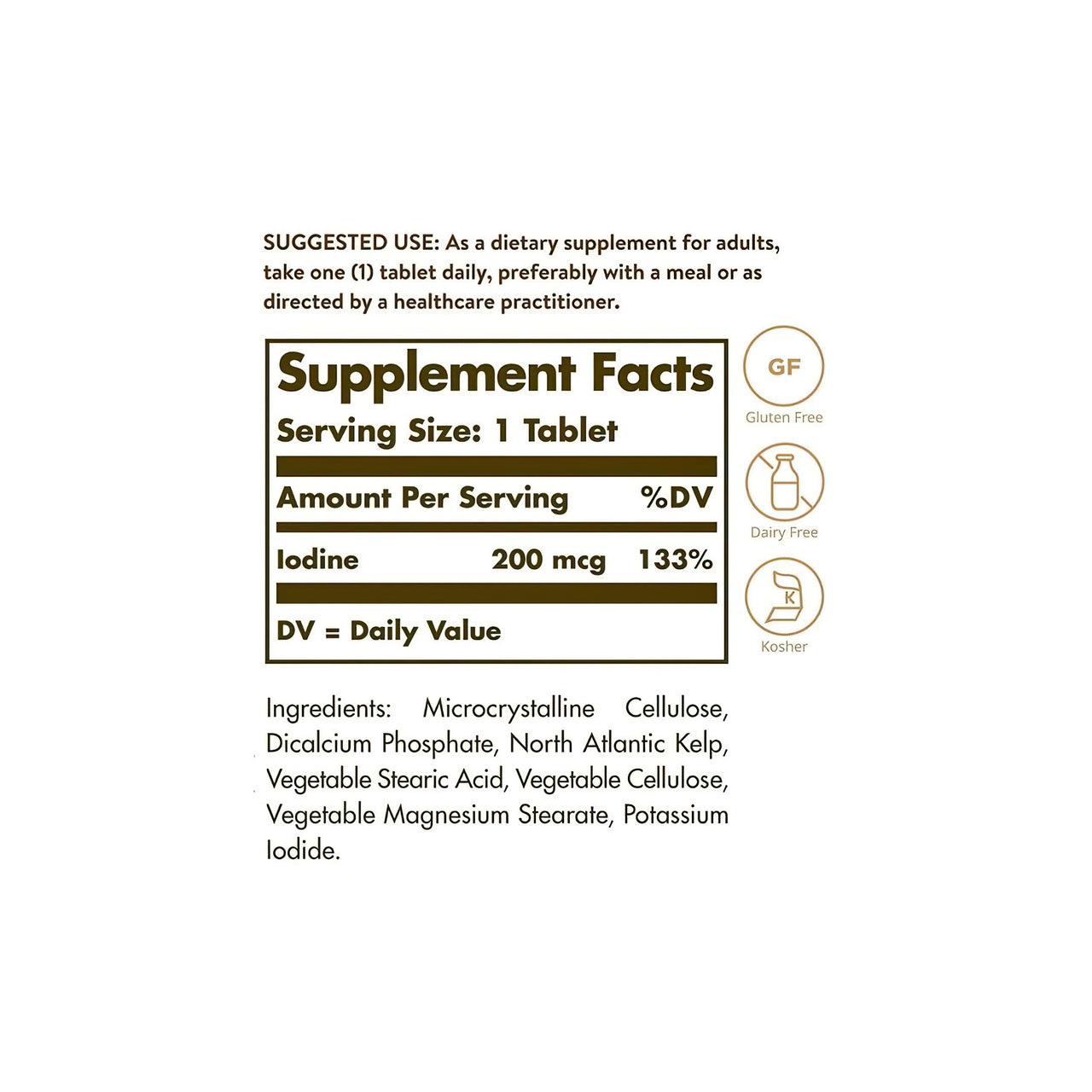 Una etiqueta de Solgar que muestra los ingredientes de un suplemento de Algas del Atlántico Norte 200 mcg 250 Comprimidos, incluido el yodo.