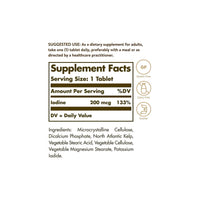 Miniatura de Una etiqueta de Solgar que muestra los ingredientes de un suplemento de Algas del Atlántico Norte 200 mcg 250 Comprimidos, incluido el yodo.