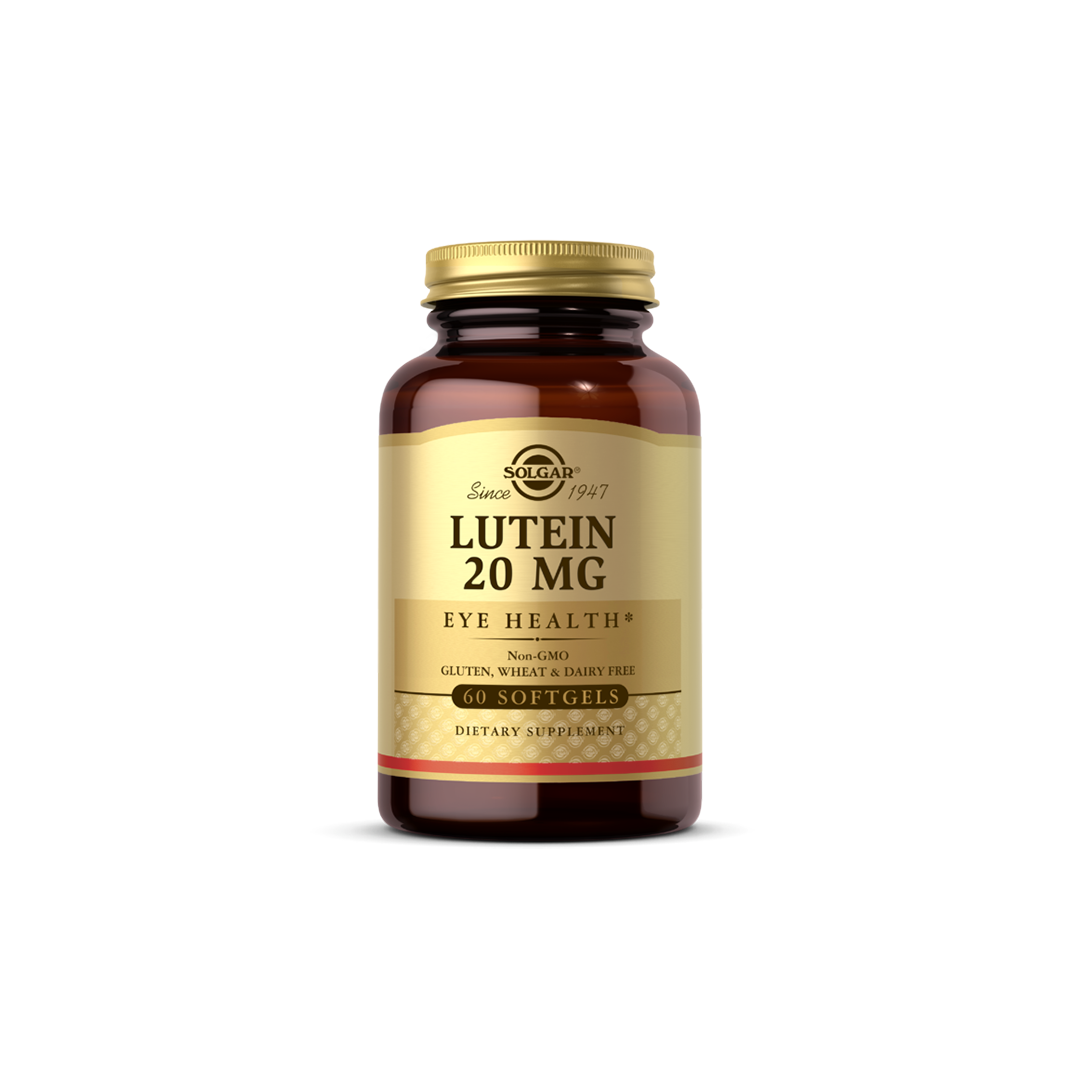 Solgar's Lutein 20 mg 60 Softgels, enhanced with Zeaxanthin to support optimal eye health, is formulated without gluten, wheat, and dairy.