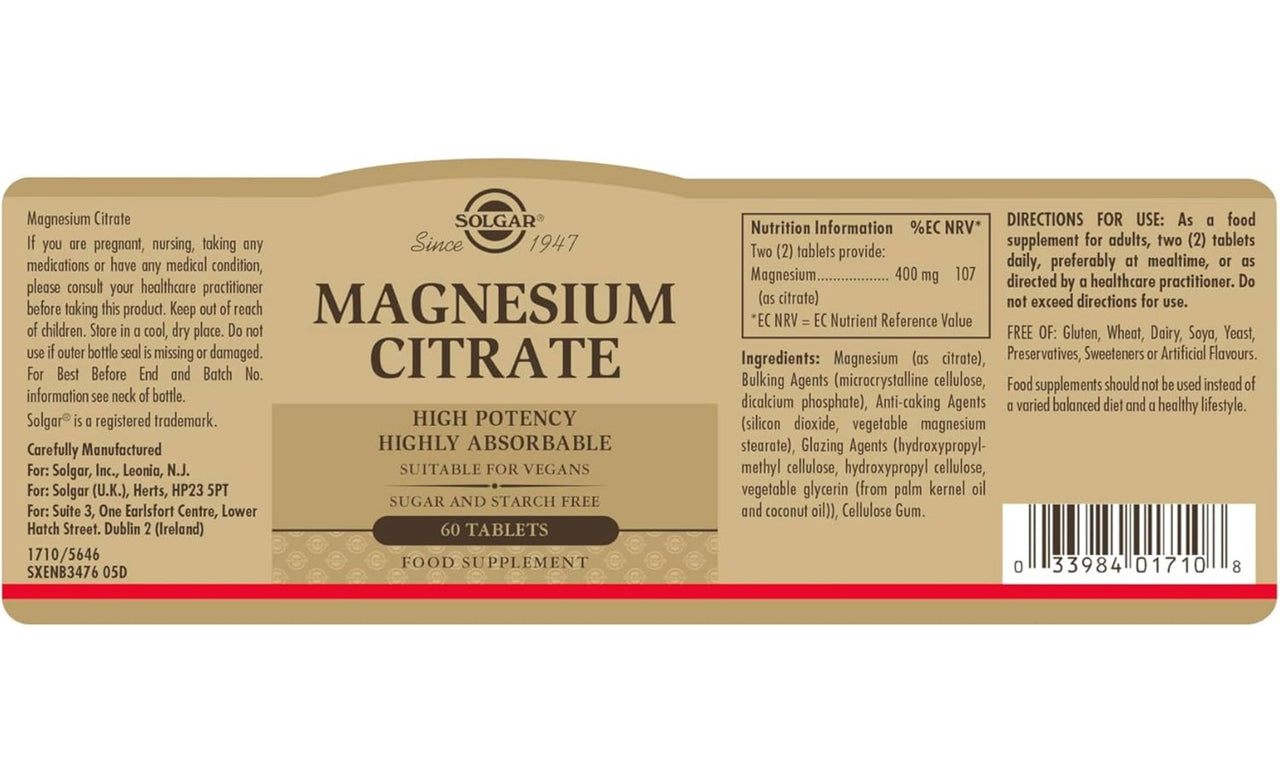 The brown and white label on the Solgar Magnesium Citrate 400 mg supplement bottle highlights key information including its high potency, suitability for vegans, being free from sugar and starch, supporting both bone health and cardiovascular health, and containing 60 tablets.