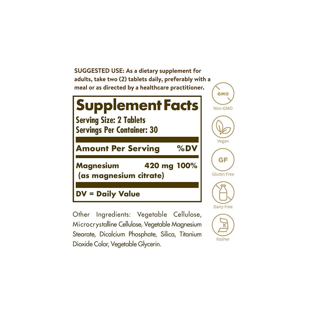 Etiqueta con los ingredientes del suplemento Citrato de Magnesio 420 mg 60 comp. de Solgar.