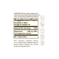 Miniatura de una etiqueta que muestra los ingredientes del suplemento Citrato de Magnesio 420 mg 60 comp. de Solgar.