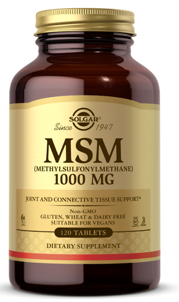 Solgar MSM 1000 mg 120 comprimidos para mejorar la movilidad articular y la flexibilidad de las articulaciones.