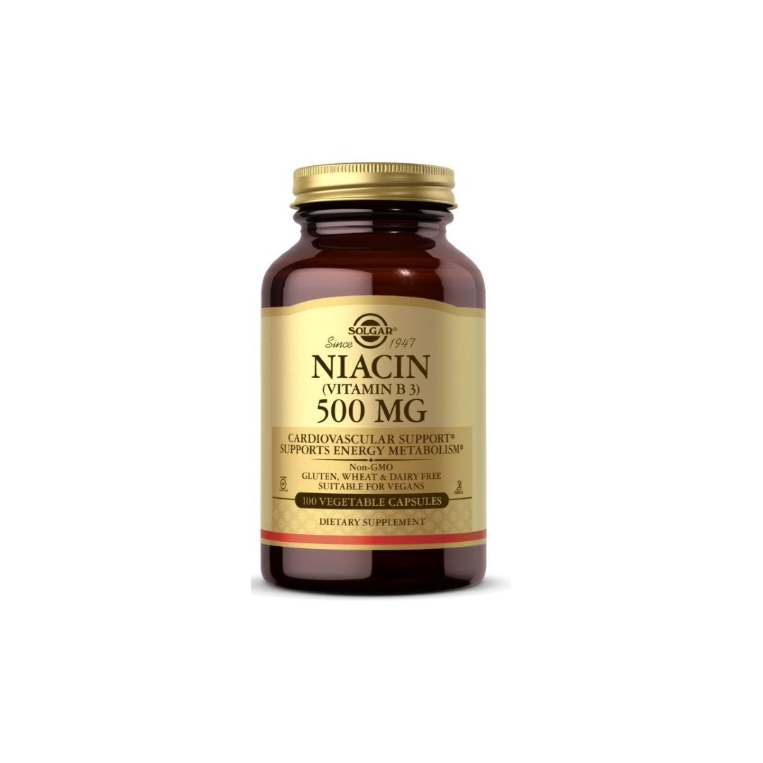Solgar Niacina Vitamina B3 500 mg 100 Cápsulas vegetales para la salud cardiovascular sobre fondo blanco.