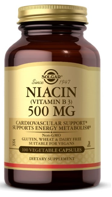 Un frasco de Solgar Niacina Vitamina B3 500 mg 100 Cápsulas Vegetales que favorece la salud cardiovascular y ayuda a regular los niveles de lípidos en sangre.