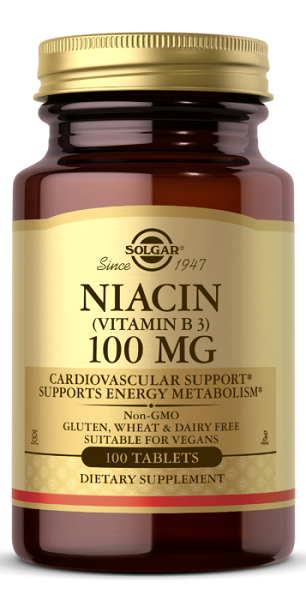 Un frasco de Solgar Niacina Vitamina B-3 100 mg 100 comprimidos para la salud del sistema nervioso y el metabolismo energético.