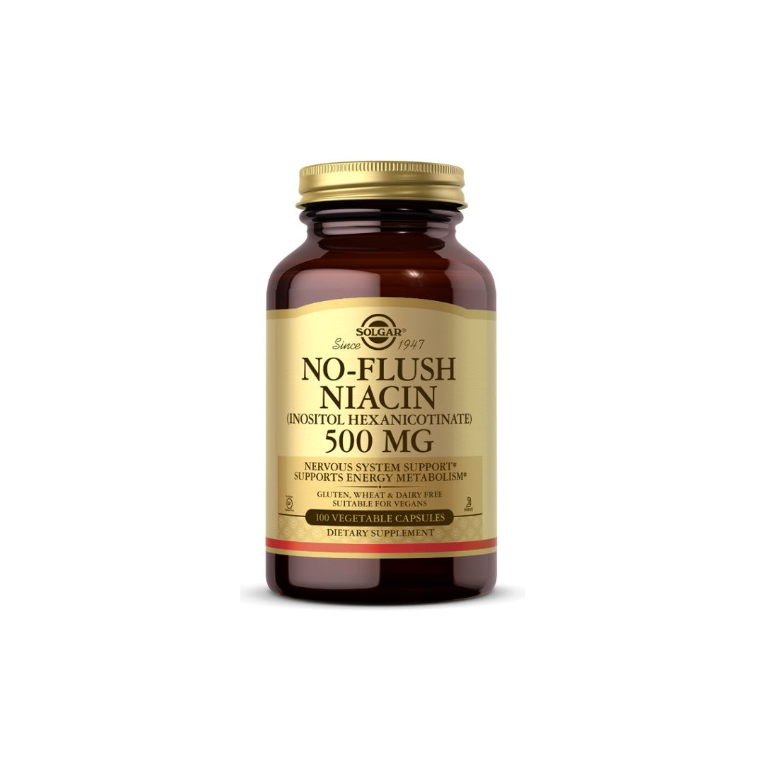 Solgar's No-Flush Niacina 500 mg Vitamina B3 Cápsulas vegetales contribuye a la salud cardiovascular y regula los niveles de lípidos en sangre.