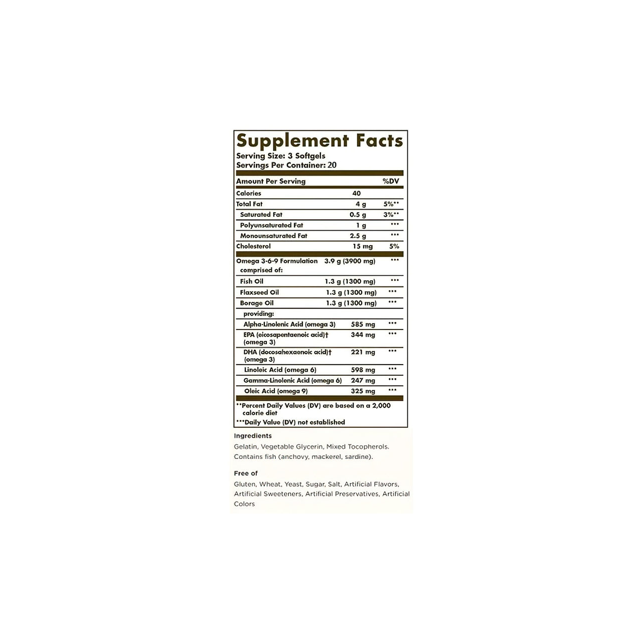 Etiqueta de suplemento nutricional Solgar con ácidos grasos esenciales y Omega 3-6-9 60 sgel sobre fondo blanco.
