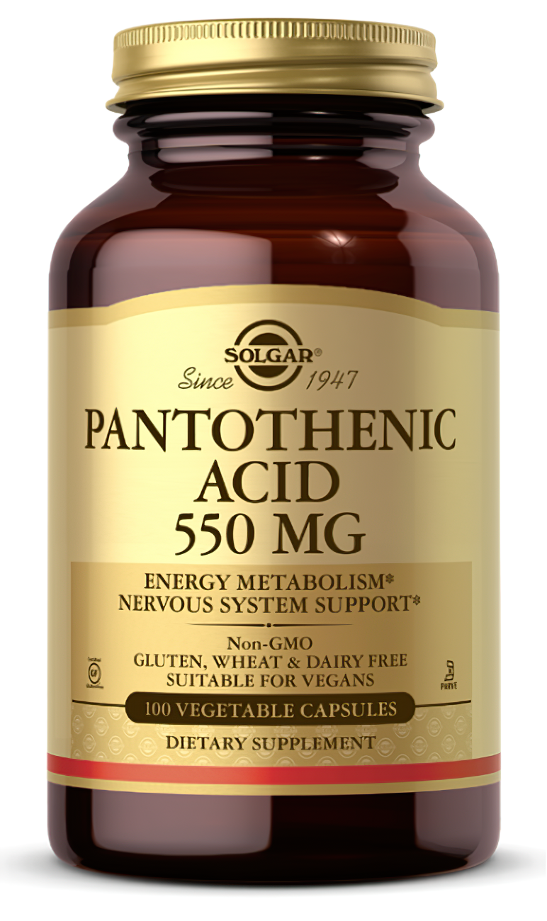 Solgar Ácido pantoténico 550 mg 100 Cápsulas vegetales es un complemento alimenticio que aporta el nutriente esencial ácido pantoténico para contribuir a la salud y el bienestar general.